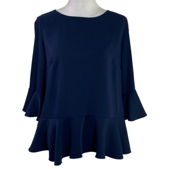 Sail to Sable Tops - Sail To Sable Flutter Sleeve Peplum Top in Navy Size Large